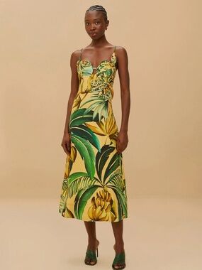 FARM RIO 3D YELLOW BANANA ART MIDI DRESS